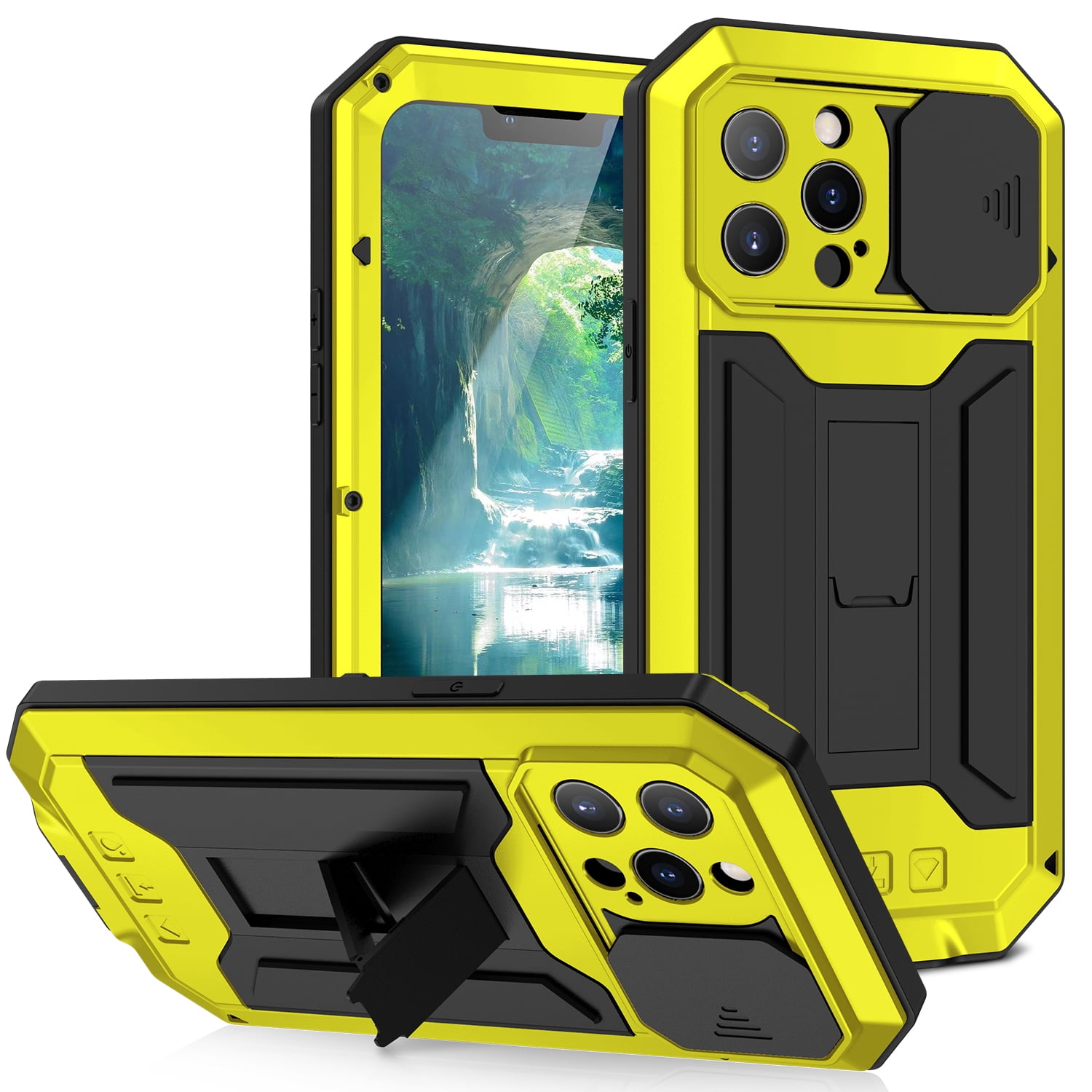 Fit for iPhone 13 Pro Max Case with Built-in Glass Screen Protector, Allytech Full Body Dustproof Life Waterproof Stand Slide Camera Lens Protective Case for iPhone 13 Pro Max 5G 6.7" 2021, Yellow