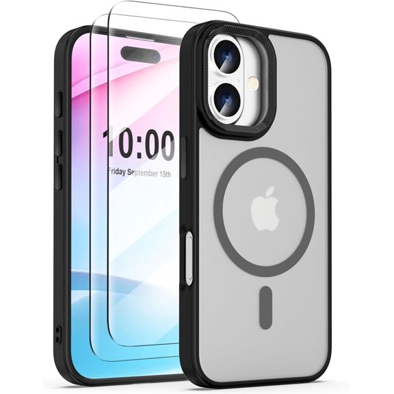 Fit for iPhone 16 Plus Case with 2pcs HD 6.7" Tempered Phone Films-Compatible with MagSafe, Anti-Fingerprint TPU Thin iPhone Cases Cover, Metal Buttons Protective Shockproof Matte Case(Black)