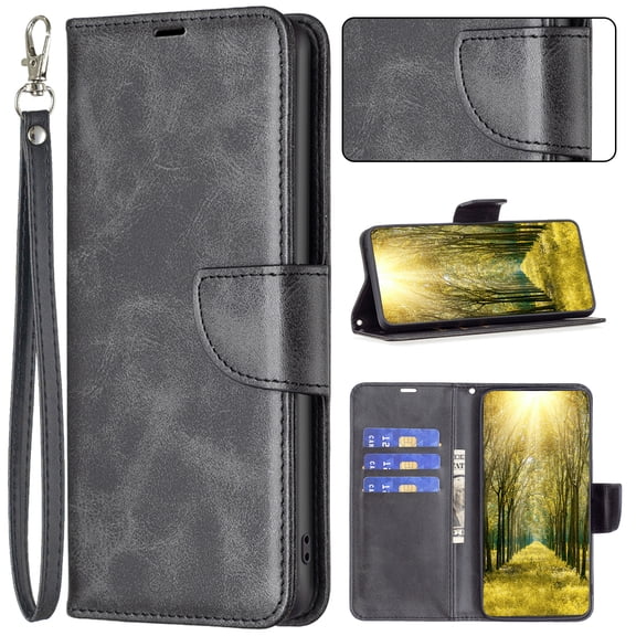 Fit for iPhone 17 Pro Phone Case with Detachable Wrist Strap & ID Credit Card Slots,Premium PU Leather Shockproof Magnetic Clasp Folio Flip Kickstand Holder Protective Cover,Black