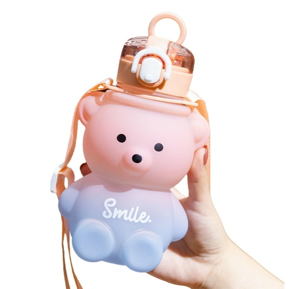 FitBest Cute Bear Straw Bottle Gradient Water Bottle Portable for Kids Girls School Office Travel