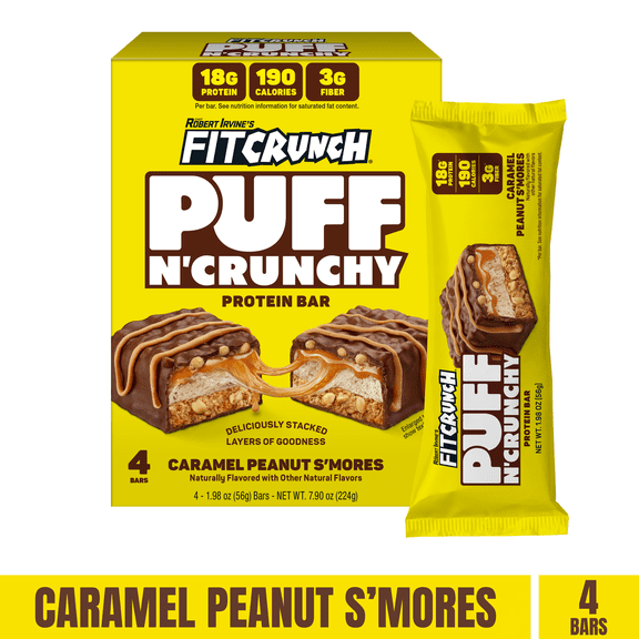 FITCRUNCH Puff n' Crunchy, Peanut Caramel Smores, 18g Protein, 4 Count