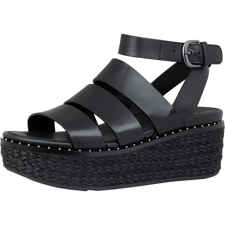 FitFlop Eloise Black Ankle Strap Open Toe Strappy Upper Espadrille Wedge  Sandals (Black, 10)