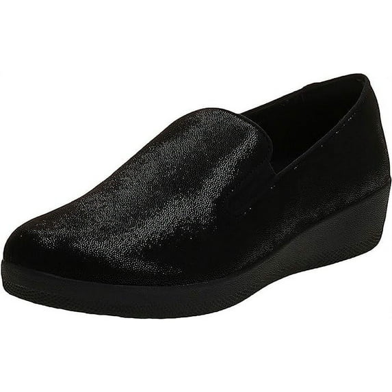 FitFlop Superskate All Black Leather Slip On Rounded Toe Flat Fashion Loafers (All Black, 6)