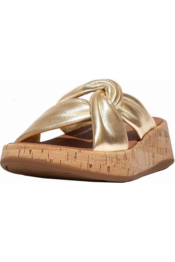 Women's F-Mode Platino Leather-Twist Flatform Wedge Sandal Slides 8M