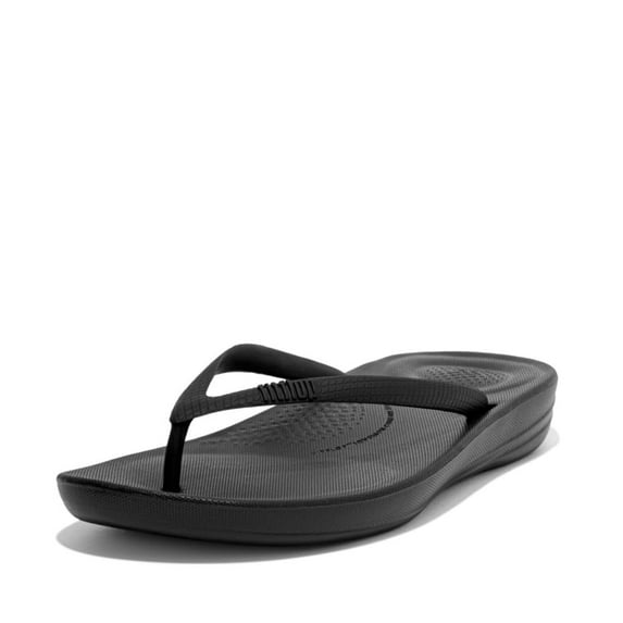 FitFlop Women's iQushion Rubber Flip-Flips with Contoured Footbed for Walking, Lightweight Ergonomic Flip Flop Sandals with Arch Support and Foot Impact Pillows, All Black, 11 US Women