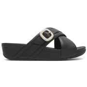 FitFlop Lulu Criss-Cross Leather Slide Sandals with Crystal Buckle for Women   Black, Size 8