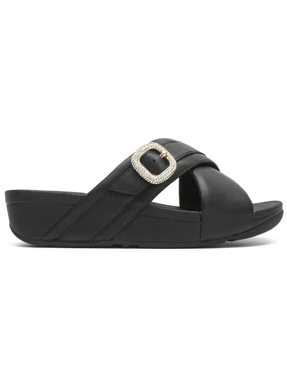Lulu Criss-Cross Leather Slide Sandals with Crystal Buckle for Women – Black, Size 8