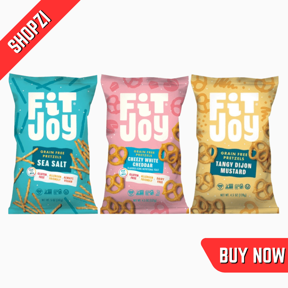 FitJoy Grain Free Pretzel Variety Pack, 12 Count (4.5 oz Bags, Sea Salt Sticks, Tangy Dijon Twists, Cheezy White Cheddar Twists), Gluten Free Gourmet Snack