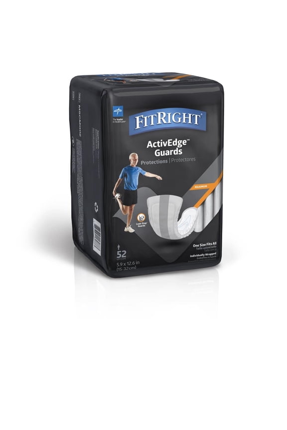 ActivEdge Male Incontinence Guards, Bladder Leakage for Men, Maximum Absorbency, 5.9 x 12.6 Inches, Bag of 52