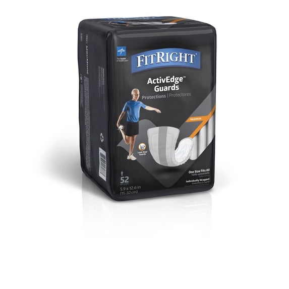 FitRight ActivEdge Male Incontinence Guards, Bladder Leakage for Men, Maximum Absorbency, 5.9 x 12.6 Inches, Bag of 52