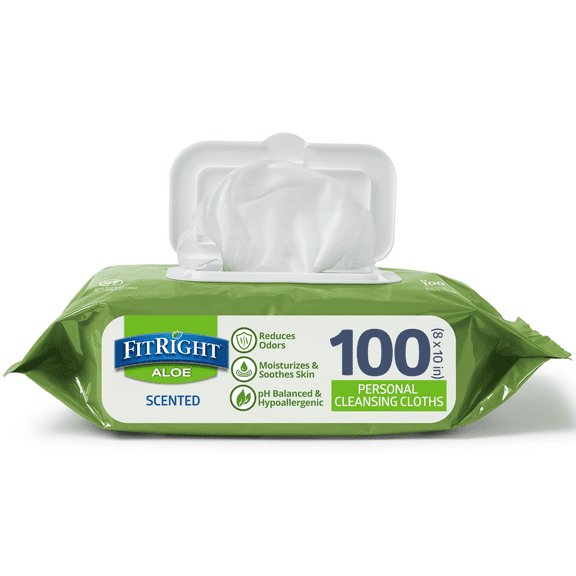 FitRight Disposable Adult Wipes for Incontinence, Personal Dry Cleansing Wipes, Aloe, Scented, 8 x 10in, 100 Count