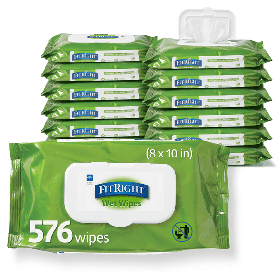 FitRight Disposable Adult Wipes for Incontinence, Personal Wet Cleansing Wipes, Aloe, Scented, 8x10in, 576 Count