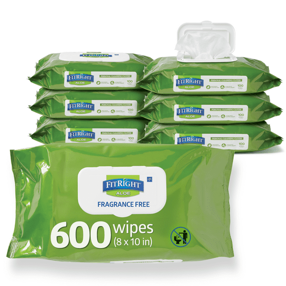 FitRight Disposable Adult Wipes for Incontinence, Personal Dry Cleansing Wipes, Aloe, Scented, 8 x 10in, 600 Count