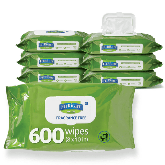 FitRight Disposable Adult Wipes for Incontinence, Personal Dry Cleansing Wipes, Aloe, Fragrance Free, 8 x 10in, 600 Count