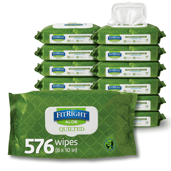 FitRight Disposable Adult Wipes for Incontinence, Personal Dry Cleansing Wipes, Fragrance Free, Aloe, Quilted, 8 x 12in, 576 Count
