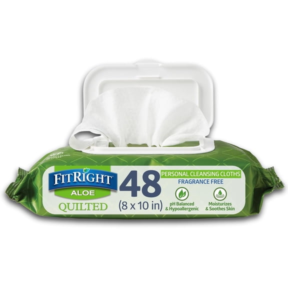 FitRight Aloe Fragrance-Free Quilted Wet Wipes, Soft Pack with Flip Top, 8 x 12 inches, Pack of 48 Wipes