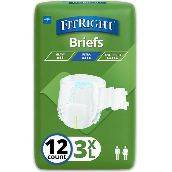 FitRight Bariatric Adult Diapers, Ultra Heavy Absorbency, 3XL (Waist Size 65in-84in), 12 Count, Disposable Incontinence Briefs for Men and Women, Moisture-Wicking, Leak Protection,