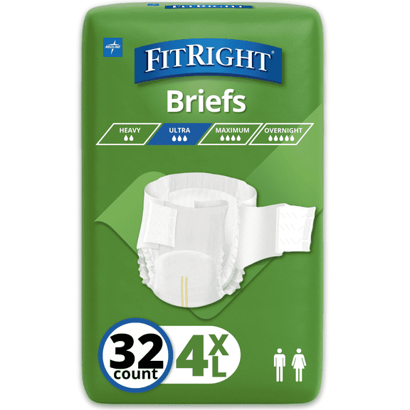 FitRight Adult Incontinence Briefs, Diapers with Tabs, Super Absorbent, 4XL, 65in to 94in, 32 Count