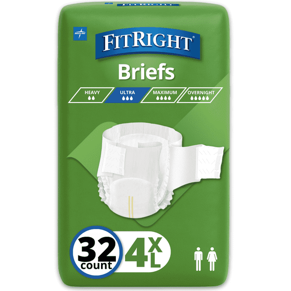 FitRight Adult Incontinence Briefs, Diapers with Tabs, Super Absorbent, 4XL, 65in to 94in, 32 Count