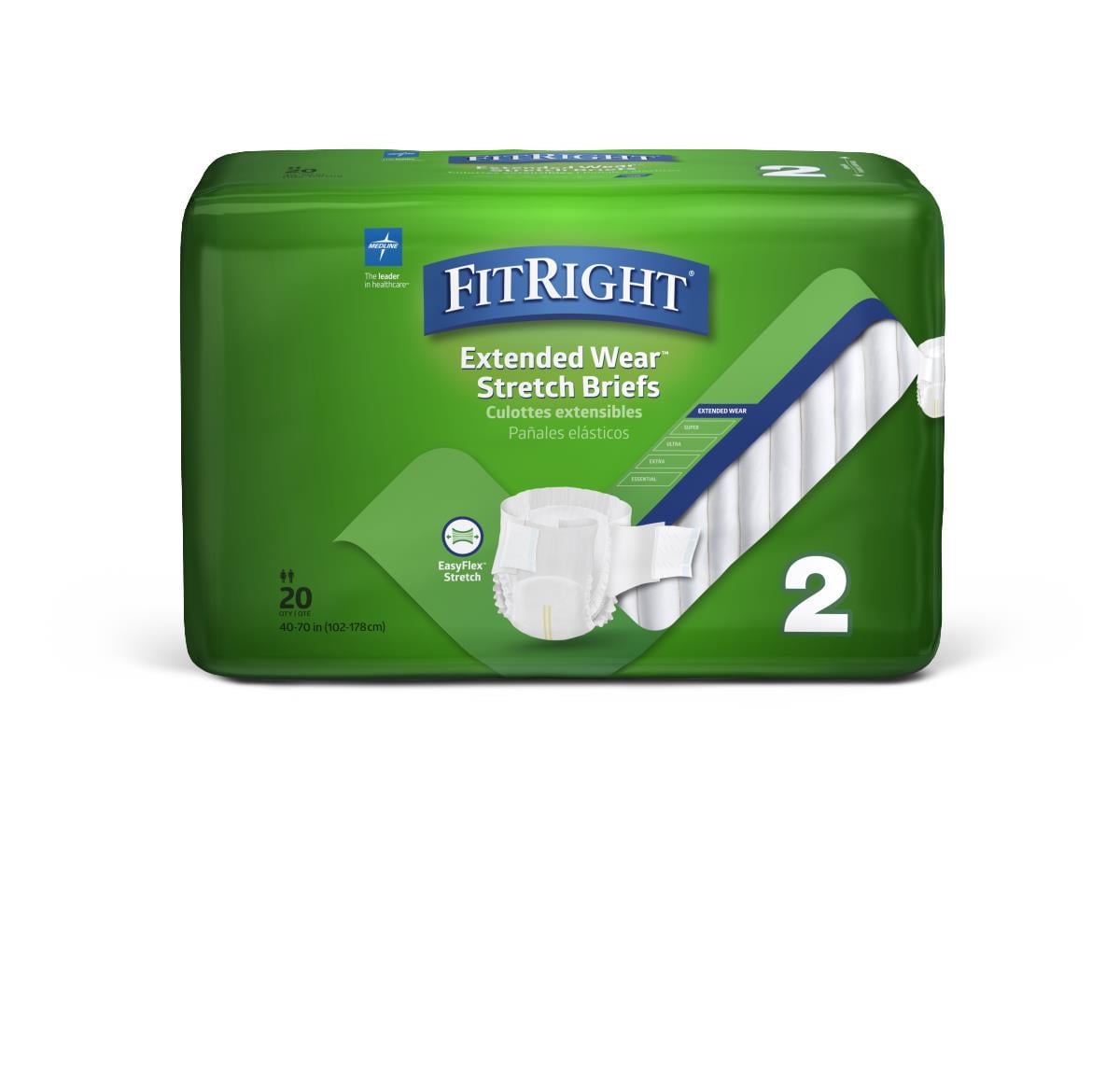 FitRight Extended Wear Stretch Brief, Overnight Absorbency, Size 2, 40 to 70" Waist, 20 Count (Pack of 4)