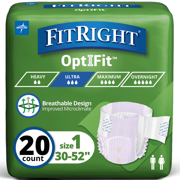 FitRight Stretch Adult Incontinence Briefs, Diapers with Tab, Moderate Absorbency, Size 1, 31in to 52in, 20 Count