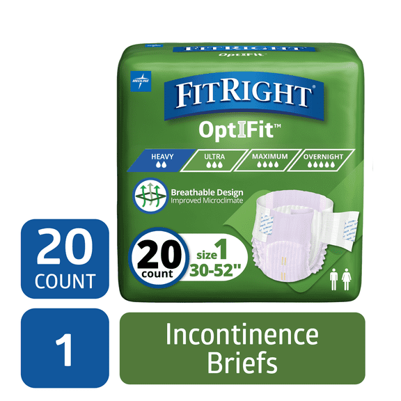FitRight Stretch Adult Incontinence Briefs, Diapers with Tab, Moderate Absorbency, Size 1, 31in to 52in, 20 Count