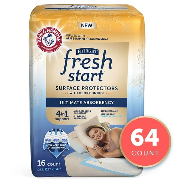 FitRight Fresh Start Disposable Adult Bed Pads for Incontinence, Furniture, or Pets, Medium, Ultimate Absorbency, 23 x 36in, 64 Count