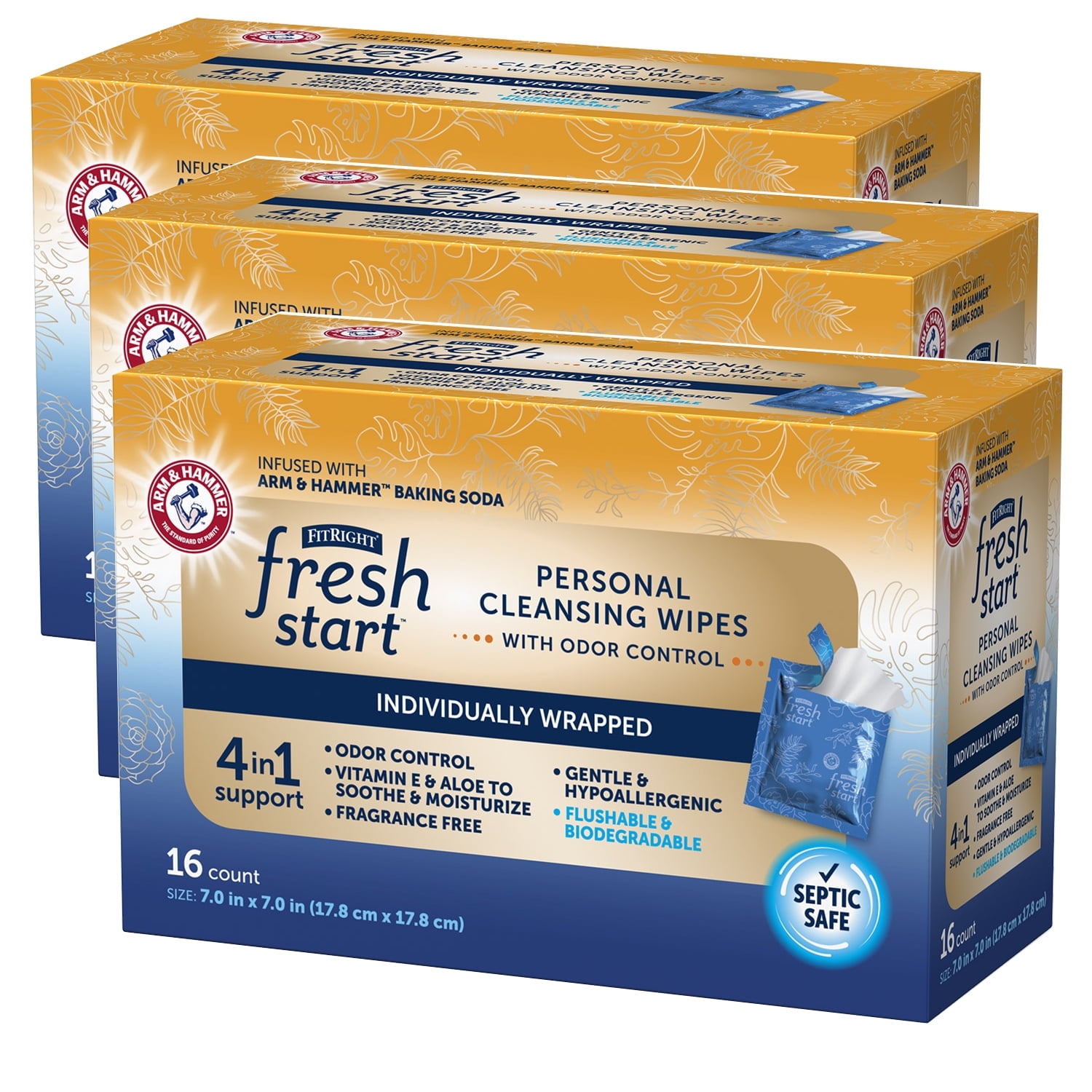 FitRight Fresh Start Flushable Incontinence Wipes, 48 Count, Individually Wrapped, (Pack of 3)