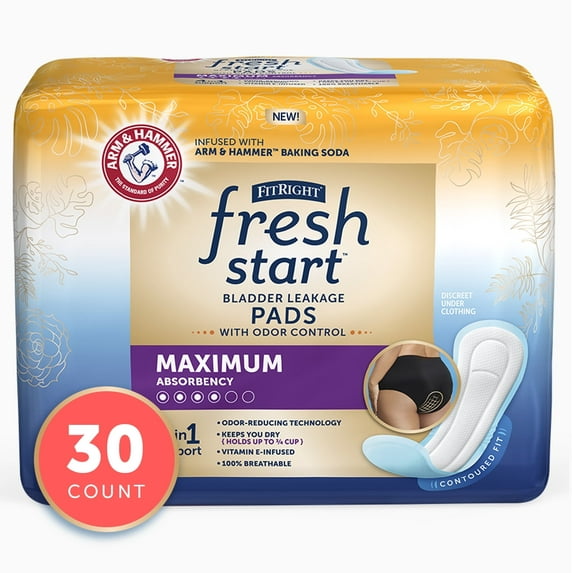 FitRight Fresh Start Incontinence Pads for Women, Maximum Absorbency, 30 ct