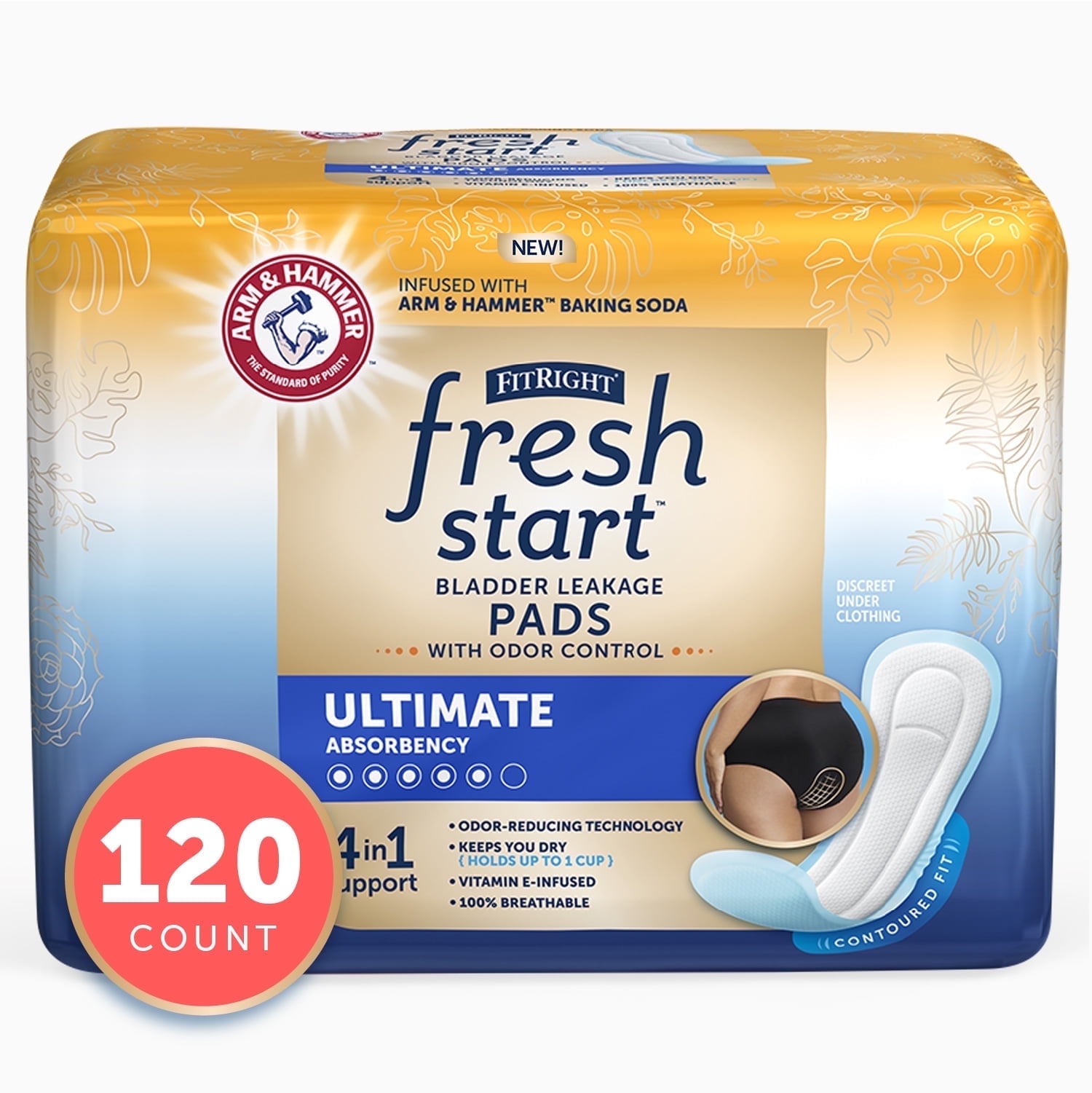FitRight Fresh Start Incontinence Pads for Women, Ultimate Absorbency, 120 ct