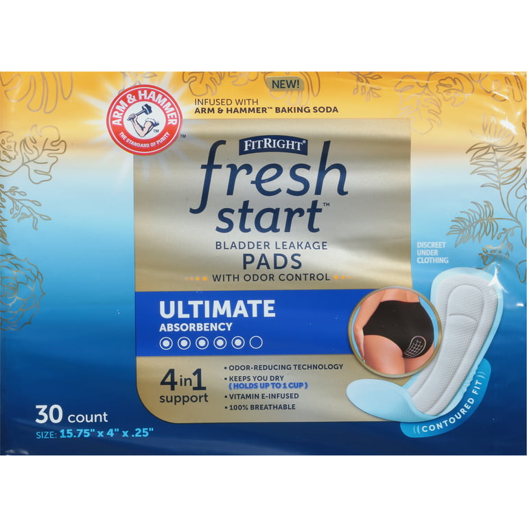 FitRight Fresh Start Incontinence Pads for Women, Ultimate Absorbency, 30 ct