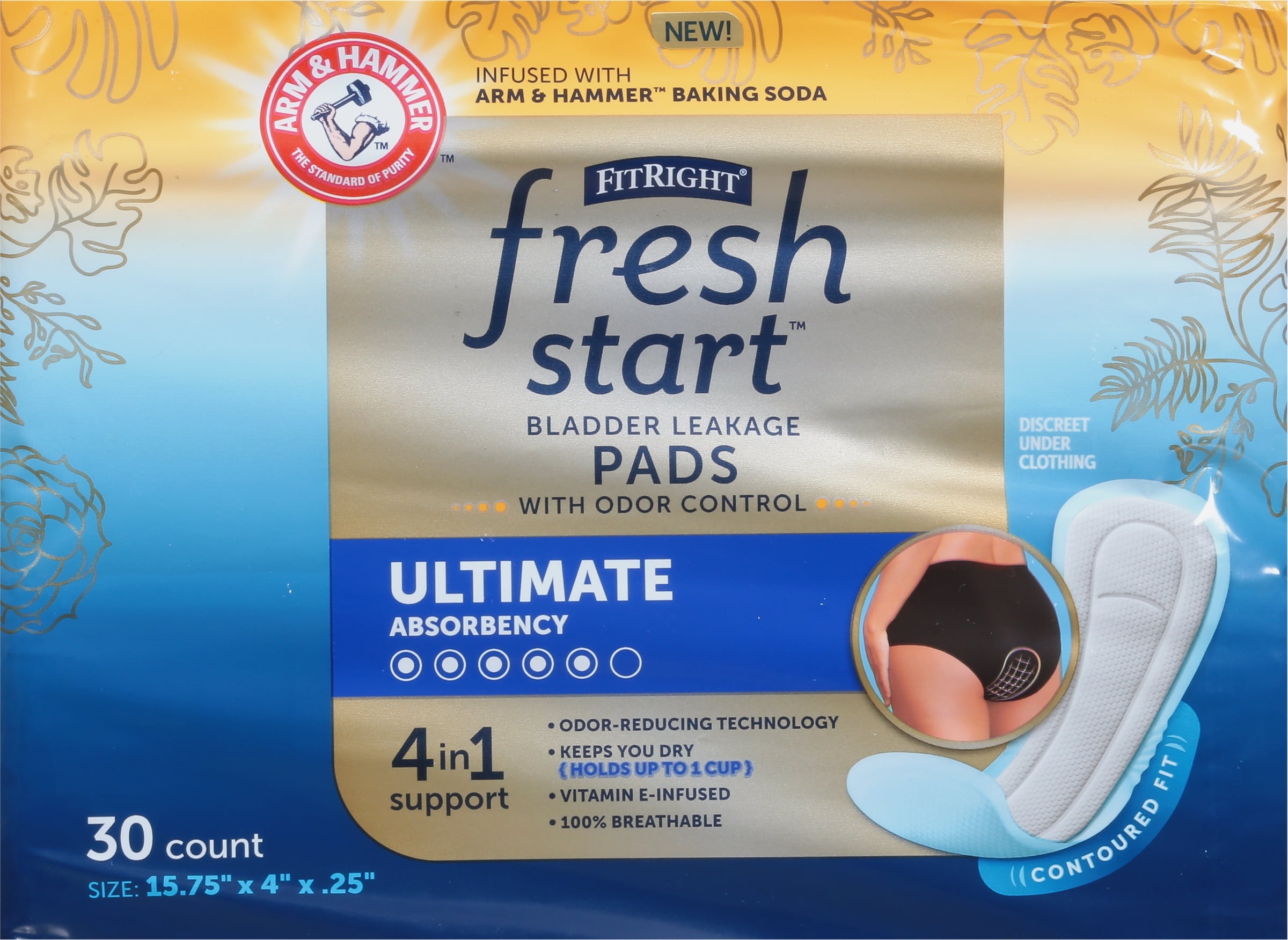 FitRight Fresh Start Incontinence Pads for Women, Ultimate Absorbency, 30 ct