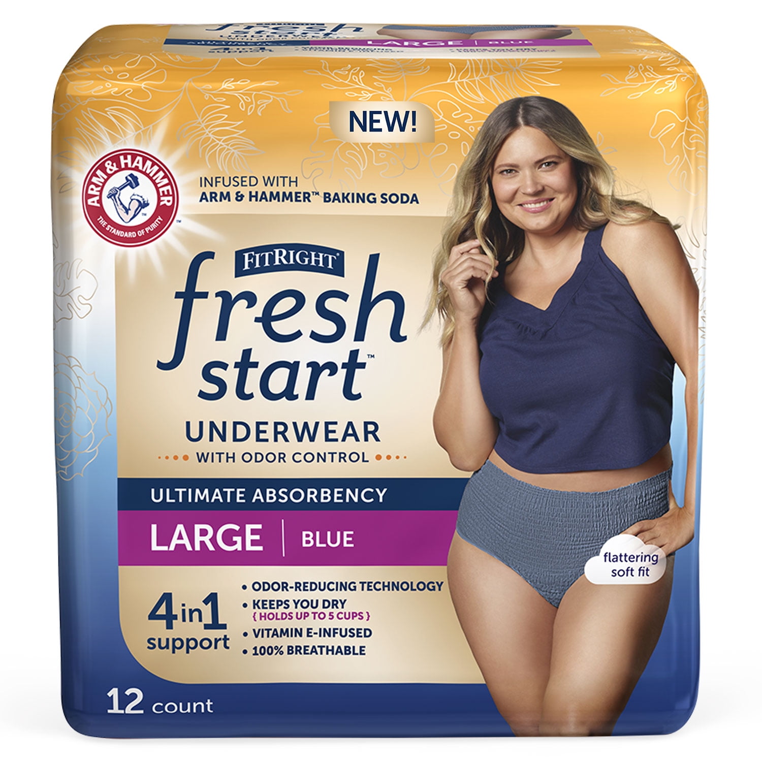 FitRight Fresh Start Incontinence Underwear for Women, Ultimate Absorbency,  Large, Blue, 12 ct 