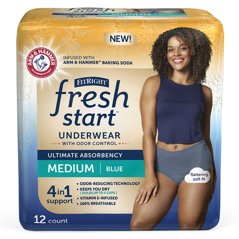 FitRight Fresh Start Incontinence Underwear for Women, Ultimate Absorbency,  Medium, Blue, 12 ct