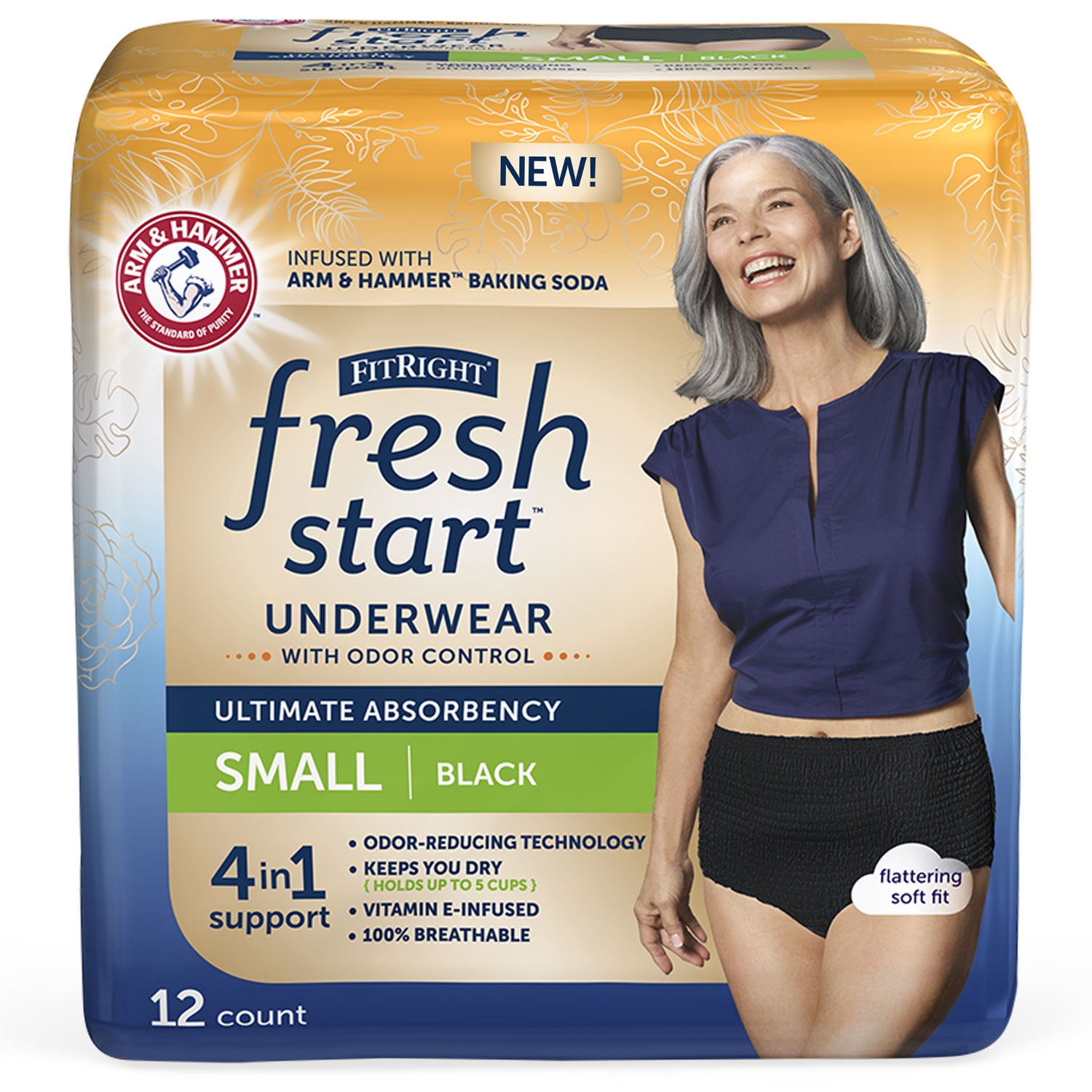 FitRight Fresh Start Incontinence Underwear for Women, Ultimate Absorbency,  Small, Black, 12 ct 