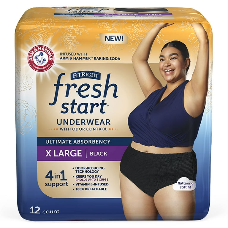 FitRight Fresh Start Incontinence Underwear for Women, Ultimate Absorbency,  XL, Black, 12 ct