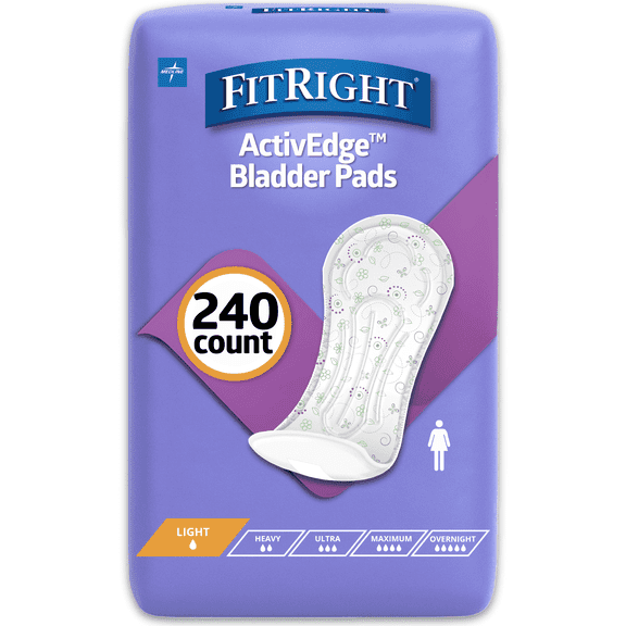 FitRight Bladder Control Incontinence Pads for Women, Light Absorbency, 3.5 x 9 in, 240 Count