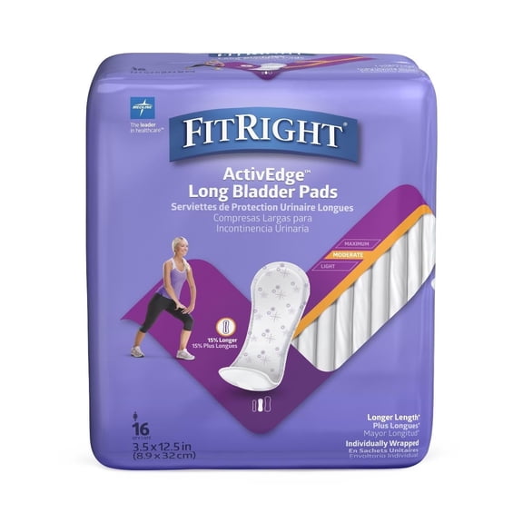 FitRight Incontinence Bladder Control Pads, Moderate Absorbency, 4.3" x 11", 16 Count (Pack of 12)