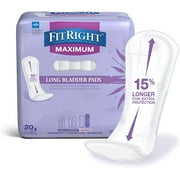FitRight Bladder Control Incontinence Pads for Women, Long, Maximum Absorbency, 4 x 15.75in, 120 Count
