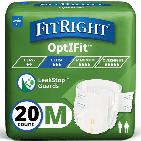 FitRight Adult Incontinence Briefs, Diapers with Tabs, Ultra Absorbent, Medium, 32in to 44in, 20 Count