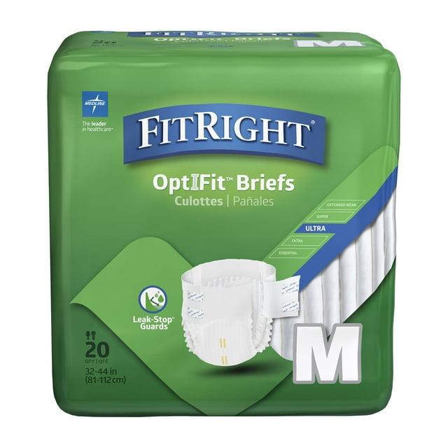 FitRight OptiFit Briefs, Ultra Absorbency, Disposable Adult Briefs with Tabs, Medium, 32"-44", 20 Count