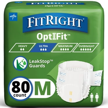 FitRight OptiFit Briefs, Ultra Absorbent, Disposable Adult Briefs with Tabs, Medium, 32"-44", 80 Count