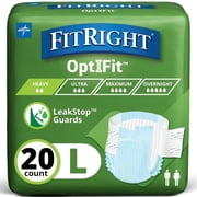 FitRight OptiFit Extra+ Briefs, with Leak Stop Guards, 20 Count, L, 48"-58", Adult Disposable Briefs with Tabs