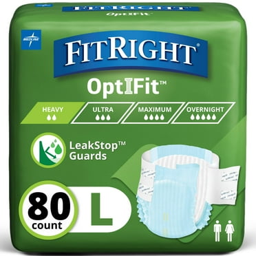 FitRight OptiFit Extra+ Briefs, with Leak Stop Guards, 80 Count, L, 48"-58", Adult Disposable Briefs with Tabs
