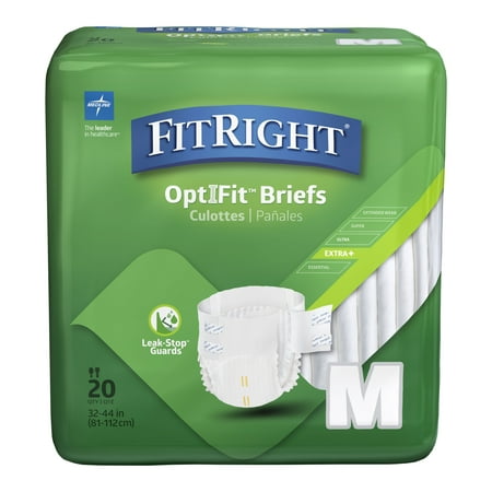 FitRight OptiFit Extra+ Briefs with Leak Stop Guards, Adult Disposable Briefs with Tabs, Medium, 32"-44", 20 Per Bag