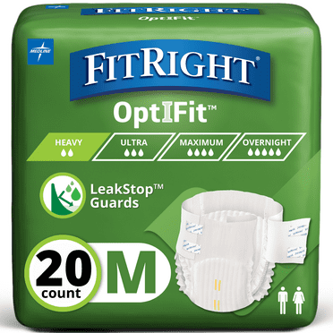 FitRight OptiFit Extra+ Briefs, with Leak Stop Guards, 20 Count, M, 32"-44", Adult Disposable Briefs with Tabs