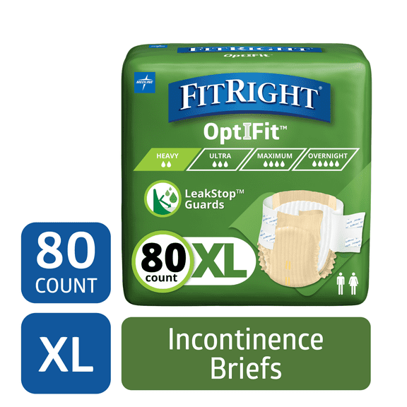 FitRight Adult Incontinence Briefs, Diapers with Tabs, Leak Stop Guards, Heavy Absorbency, XL, 57in to 66in, 80 Count