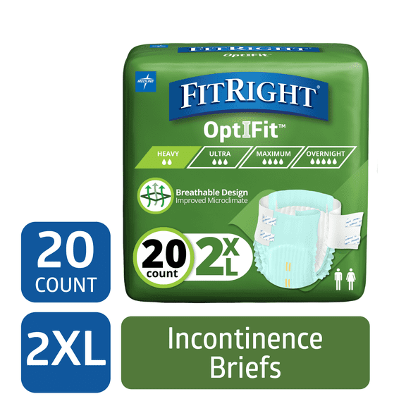 FitRight Adult Incontinence Briefs, Diapers with Tabs, Moderate Absorbency, 2XL, 60 to 70in, 20 Count