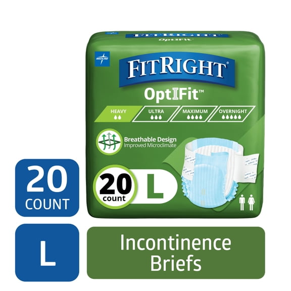 FitRight OptiFit Extra Briefs with Tabs, Adult Incontinence Brief, Moderate Absorbency, Large, 44 in to 56 in, 20 Count