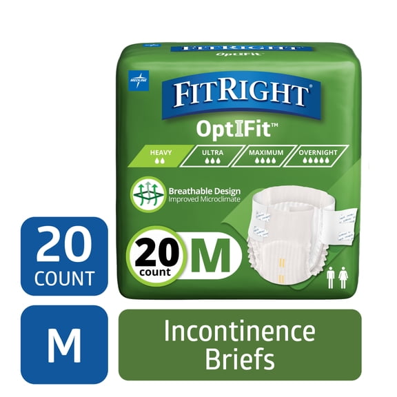FitRight OptiFit Extra Briefs with Tabs, Adult Incontinence Brief, Moderate Absorbency, Medium, 32" - 42", 20 Per Bag